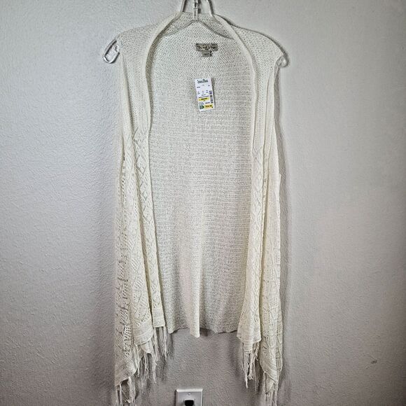 Ivory Crochet Open Cardigan Sweater Womens 2X Live And Let Live Boho Fringe - Picture 2 of 13